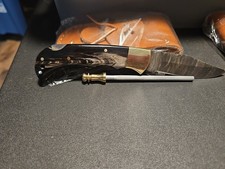 NIB 6 1/2" Handmade Damascus Pocket Knife W/ Leather Sheath And Sharpening Rod