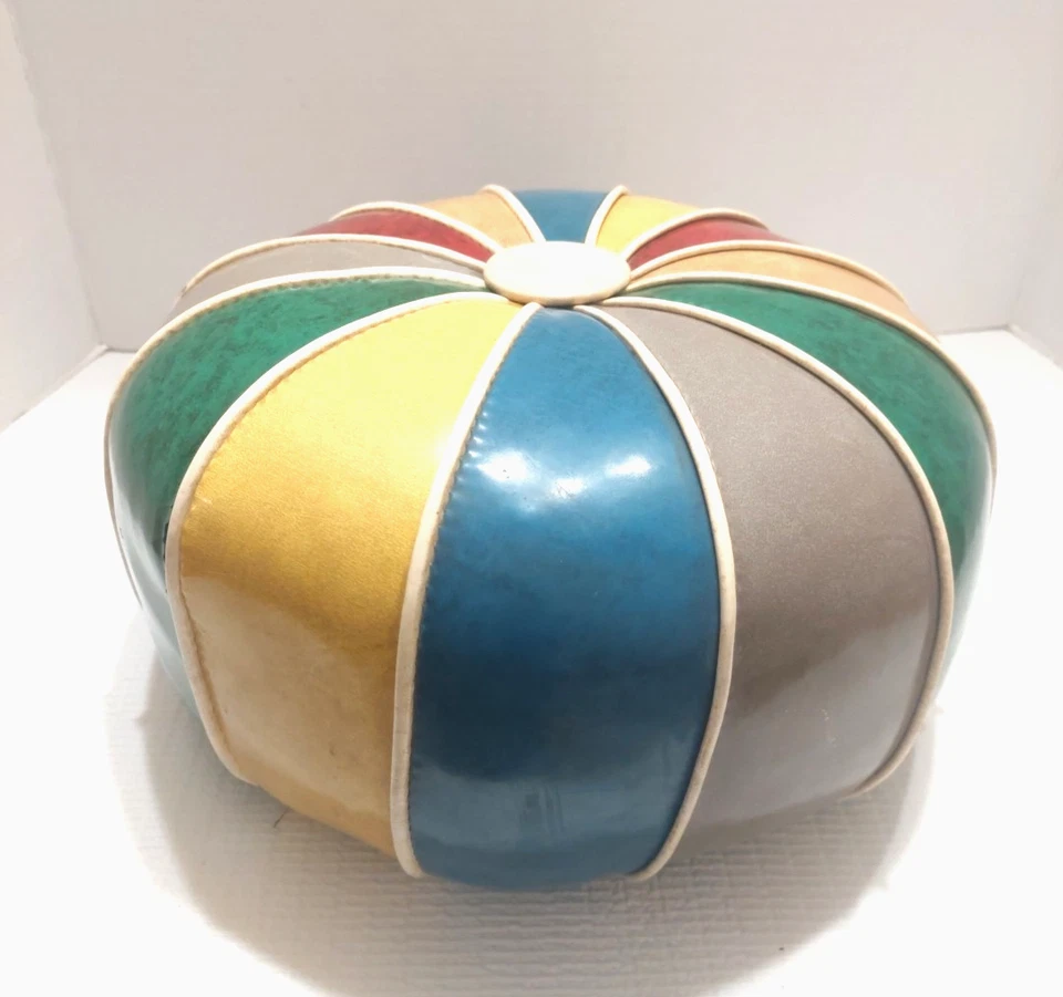 Vtg Mid Century Retro Round Red-Blue Vinyl Pinwheel Poof Ottoman Footstool MCM - Image 2 of 4