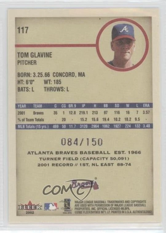 2002 Fleer Authentix Front Row /150 Tom Glavine #117 HOF - Image 2 of 2