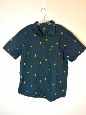 Hurley Men s XL Navy/Yellow Pineapple Tropical Short Sleeve Button Up Hawaiian 