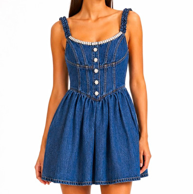 self-portrait Damen Denim Minikleid blau ärmellos Träger Strassteine UK 8