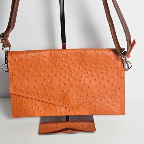 Handmade Leather Crossbody Clutch – Ostrich-Embossed Adjustable Strap Artisan - Picture 2 of 15