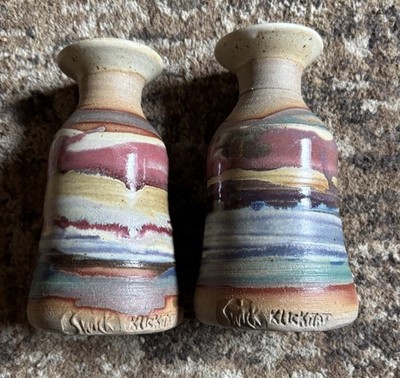 Set Of Two Handmade Swick Klickitat Bud Vase Candle Holder Abstract Multicolor