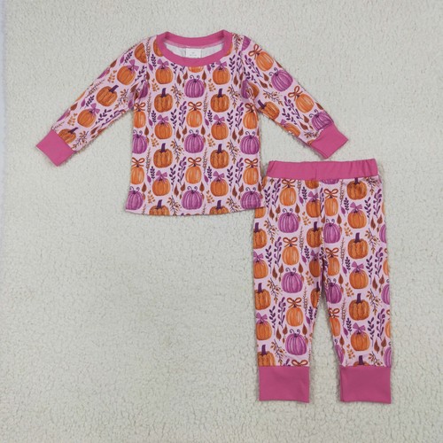 Autumn Design Pumpkin Bow Print Long Sleeve Pajama Set for Girls Toddler - Picture 5 of 7