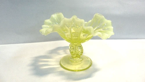 FENTON VASELINE URANIUM GLASS BEADED RUFFLED COMPOTE CANDLE HOLDER