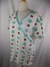 Apple Bottoms Women's Large Scrub Top Green Brown White Cotton Poly