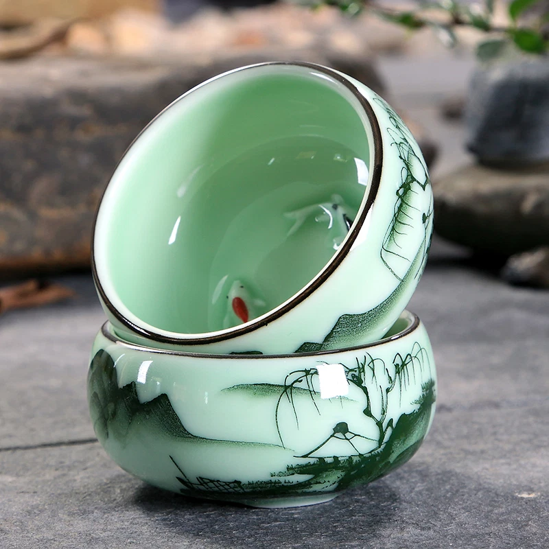 Juego de té longquan celadon kungfu pintado a mano bajo esmalte tetera pescado tazas talladas Foto 3 de 4