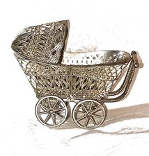 Miniature Baby Carriage Buggy Silver Metal Doll House Pram Victorian Ornate