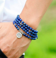 108 Mala Beads Lapis Lazuli Necklace Lotus Charm Prayer Meditation Yoga Bracelet