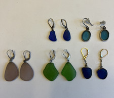 5 Pairs Of Sterling Silver Blue Green  Lavender Sea Glass Dangle Earrings
