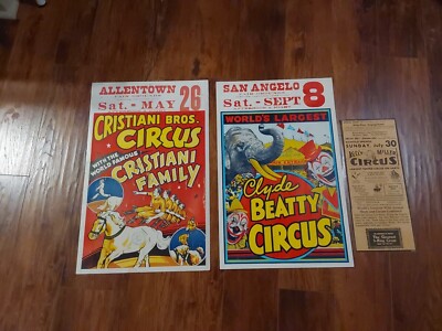 1950s Circus Poster Lot Clyde Beatty / Cristiani Bros Lion tamer Elephant Clowns