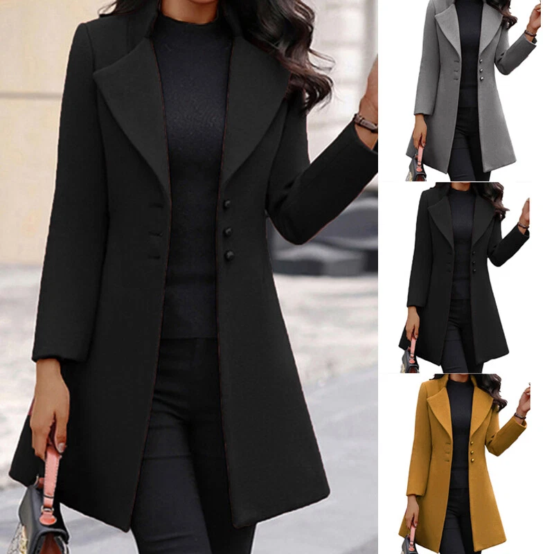 New Womens Winter Woolen Trench Coat Lapel Long Jacket Blazer Suit Slim  Overcoat