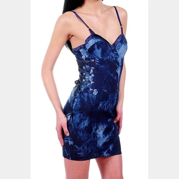 Blue Tie Dye Denim Lace Up Bodycon Short Dress Size L