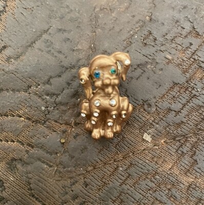 Vintage Gold w/ Crystals Tiny Pooch Dog Brooch Pin