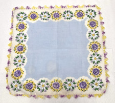 Vintage Cotton Hankie Purple Yellow Floral White Daisy w Hand Tatting Edge