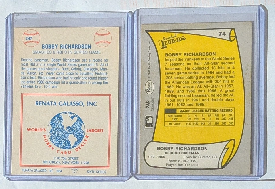 1984 TCMA Renata Gallaso And Pacific Baseball Legends Bobby Richardson Pair - Image 2 of 2