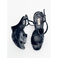 Prada Vintage Fall 2004 Runway Blue Velvet Sculptural Wedge Sandals IT 35.5