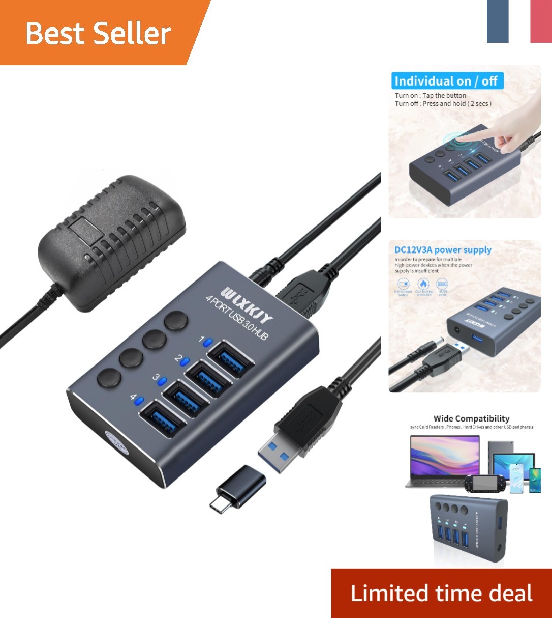 Hub USB 3.0 WLXKJY résout le manque de ports PC avec ses 4 interrupteurs 36W
