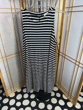 ANN TAYLOR LOFT Nautical RAYON Stretch Black White Stripe Sleeveless Dress M EUC