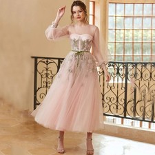 Classic Tulle Evening Dresses O-Neck Applique Long Sleeve Tea-Length with Belt