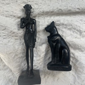 RARE ANCIENT EGYPTIAN ANTIQUE Statues of Amun with Ankh Scepter and Cat Bastet