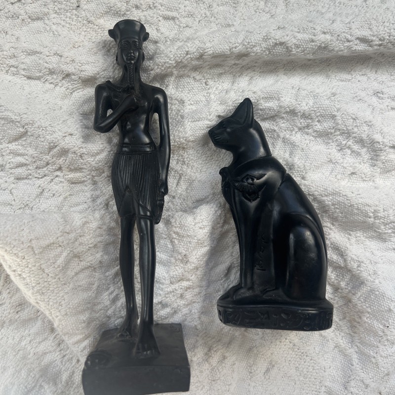 RARE ANCIENT EGYPTIAN ANTIQUE Statues of Amun with Ankh Scepter and Cat Bastet