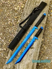 2PC SET 26'' & 18" Ninja Samurai Katana Swords Machete Full Tang Blade Blue
