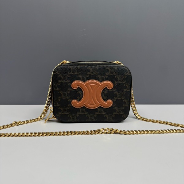 Authentic Celine Triomphe Monogram Canvas Box Camera Bag Gold Chain Crossbody