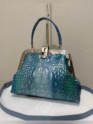 Iridescent Croc-Embossed Cowhide Handmade Unique Rivet Frame Bag, Large Size