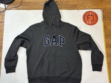 Gap Hoodie Mens 2xl Charcoal Embroidered Spellout Logo Full Zip Soft Cotton