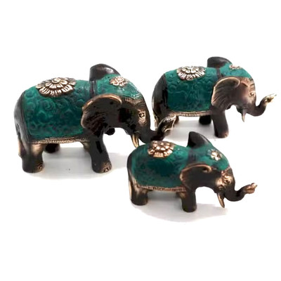 Fengshui Brass Elephant Figurines Set of 3 Green Hand Painted Boho Decor