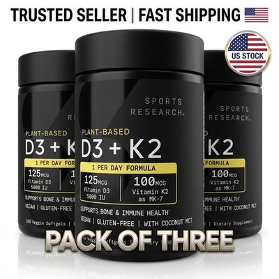 (Pack of 3) Sports Research Plant-Based Vitamin D3 + K2 5000 IU 160 Softgels