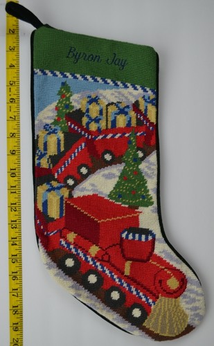 LANDS END Toy Train Wool Needlepoint Christmas Stocking Monogrammed BYRON JAY