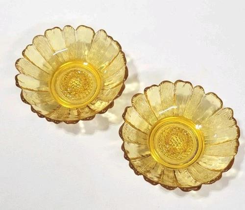 Vintage Anchor Hocking Honey Gold Glass Sunflower Bowls Set Of 2