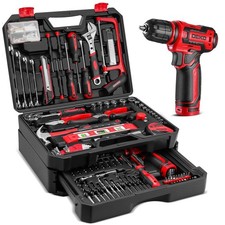 Home Repair Tool Kit with 12V Cordless Drill, Red Toolbox for DIY