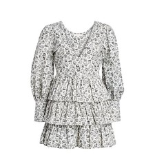 LoveShackFancy Paris Dandelion-Print Puff-Sleeve Mini A-Line Dress 2 Gray White