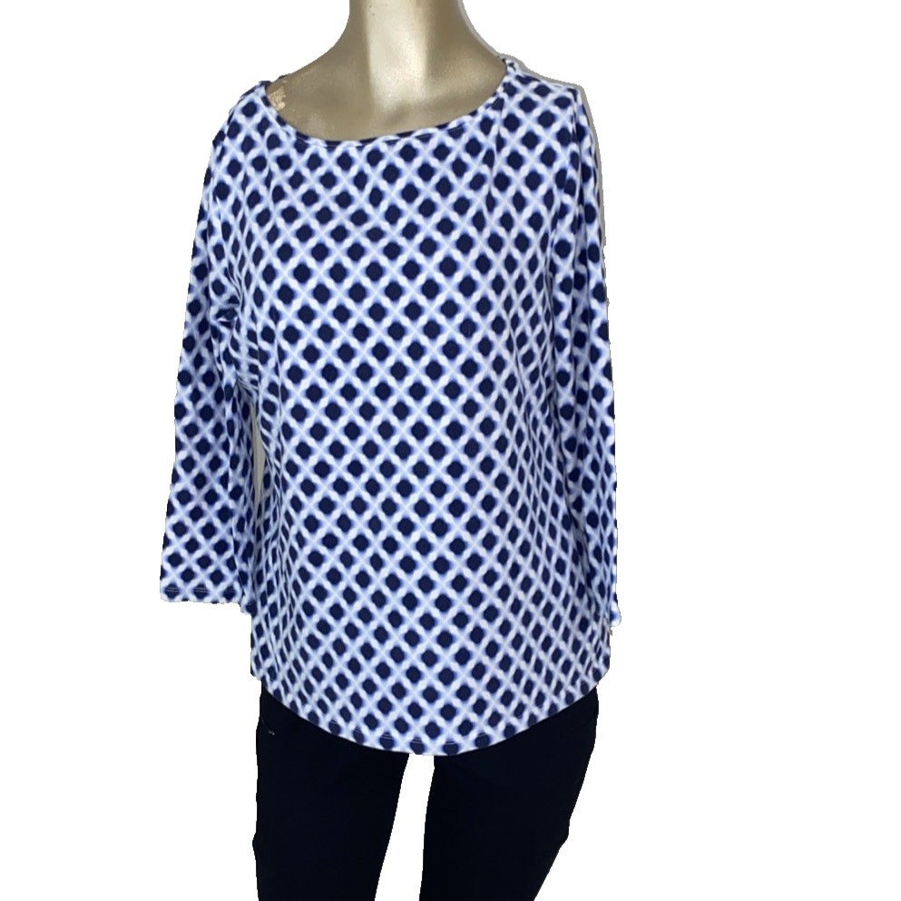 Talbots Tee Large Blue Geo Print Pullover Top 3/4 Sleeve Buisness casual