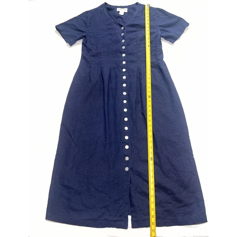 Vestido Orvis Talla 12 Azul Marino Botón Frontal Midi Mezcla de Lino Clásico Vintage Años 90 Foto 2 de 4