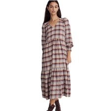 Madewell Plaid Tiered Midi Dress Burgundy Cream Blue V-Neck Long Sleeve NI656 S