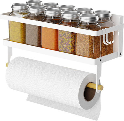 Spice Rack Magnetic Shelf with Paper Towel Holder Roll and Hooks, Foldable Refri