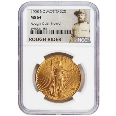 1908 No Motto $20 Saint Gaudens Gold NGC MS64 Rough Rider Hoard