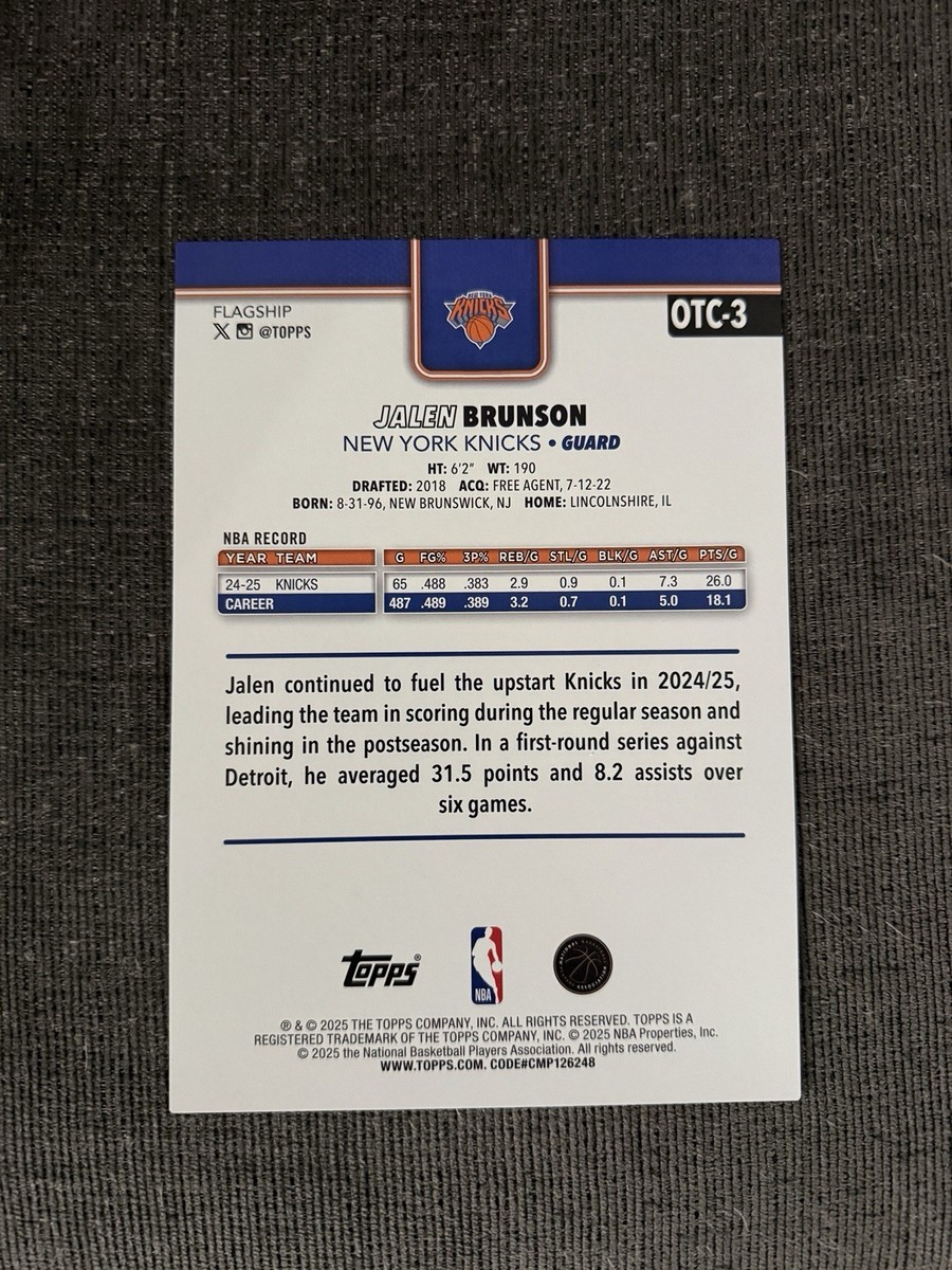 2025-26 Topps Basketball Jalen Brunson OTC-3 Over Sized Card NY