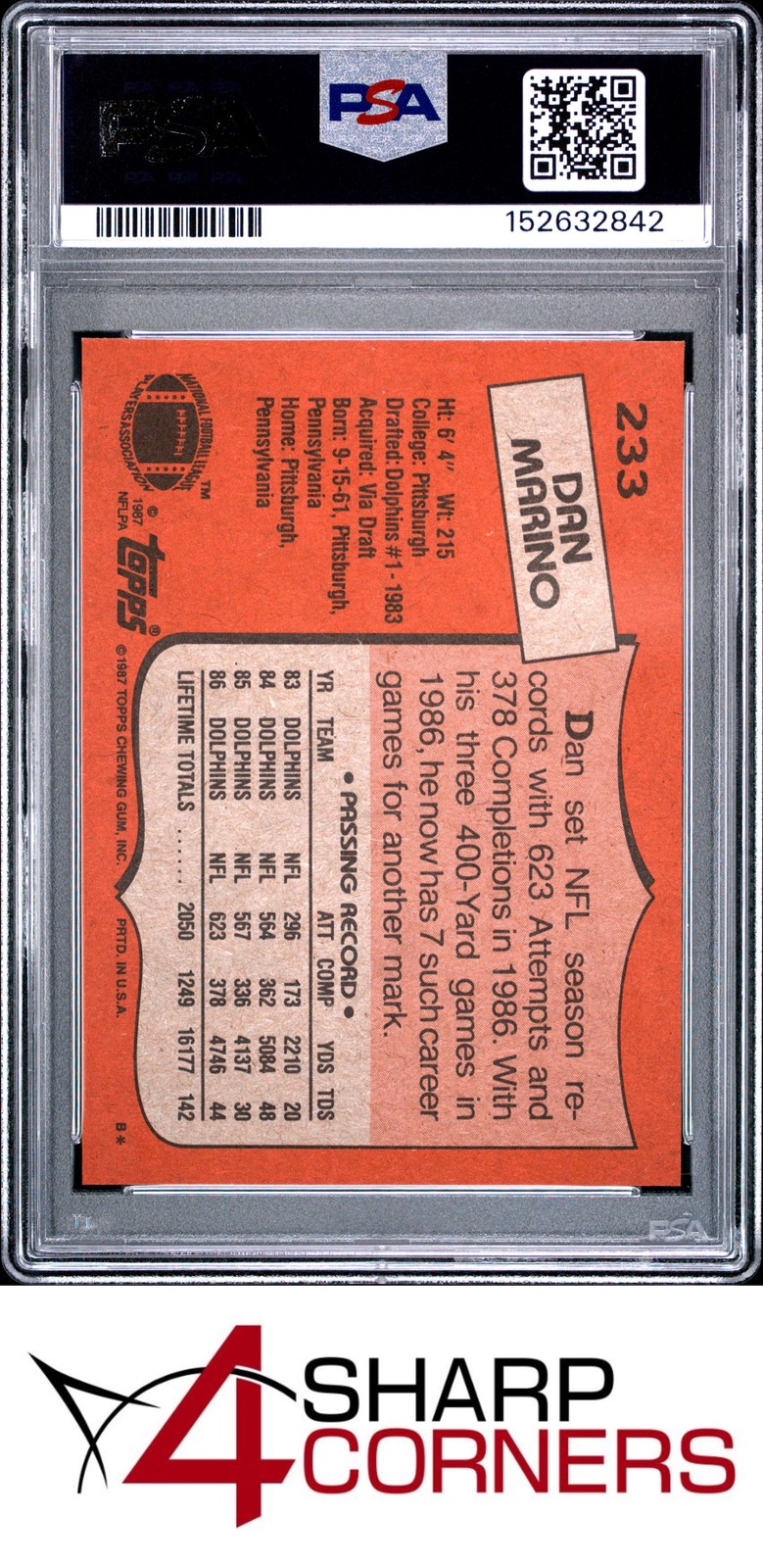 1987 TOPPS #233 DAN MARINO DOLPHINS HOF PSA 9 view 2
