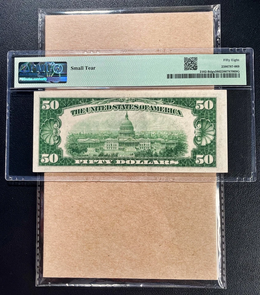Fr. 2102-Bdgs 1934 $50 Federal Reserve Note NEW YORK PMG 58 - AU Comment - Image 2 of 2