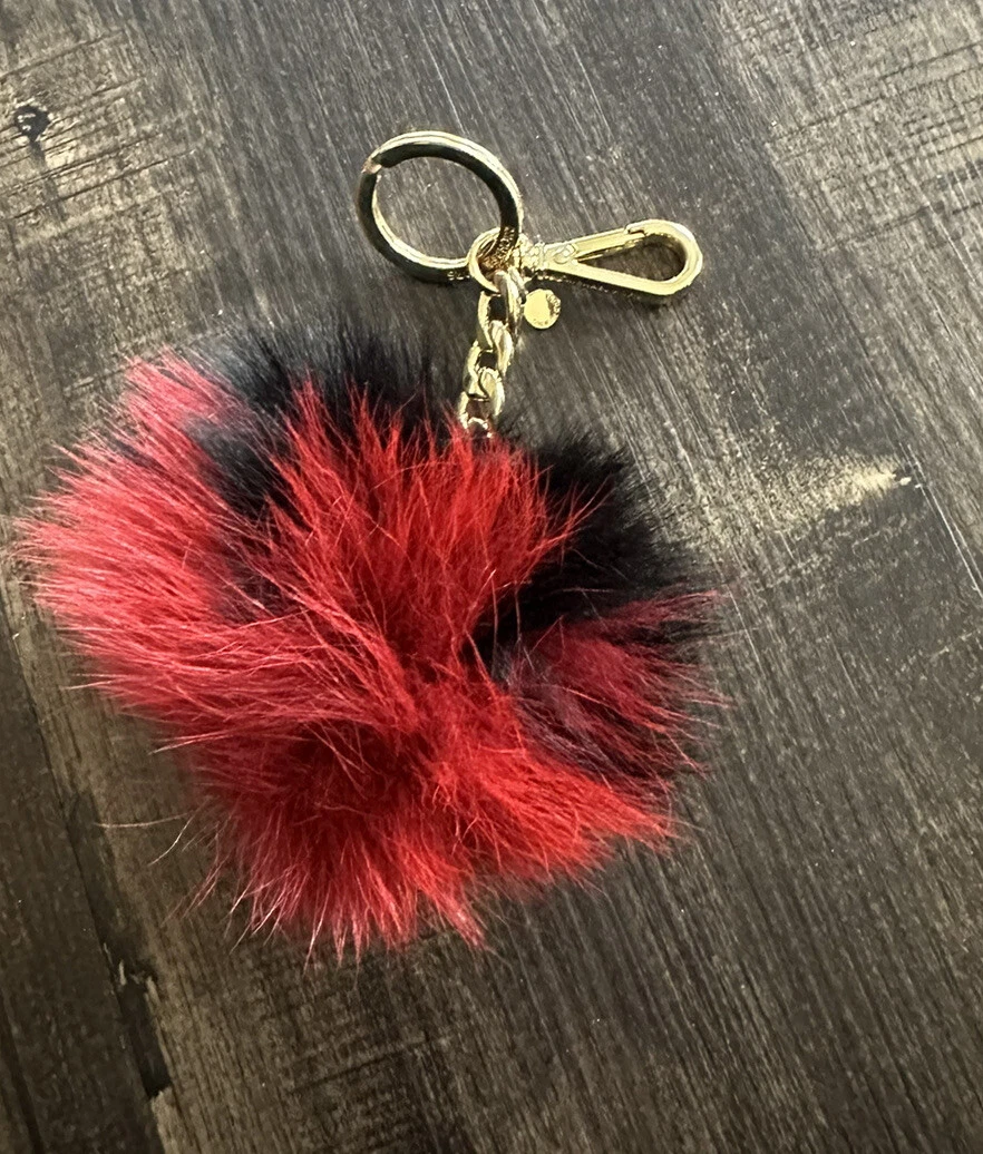 Michael Kors Bicolor Red/Black Fur Pom-pom KeyChain Fob Gold Tone Hardware  EUC