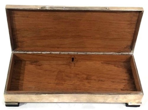 English Art Deco Silver, Quartz, Onyx & Wood Table Cigarette Box, Ca. 1930s - Picture 7 of 10
