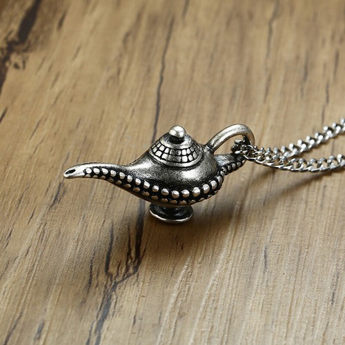 Collar colgante lámpara mágica Aladdin Wish retro gris acero titanio para hombre joyería - Imagen 6 de 10