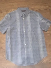 Perry Ellis Men's Large Blue Plaid Cotton Short Sleeve Button Shirt Size L