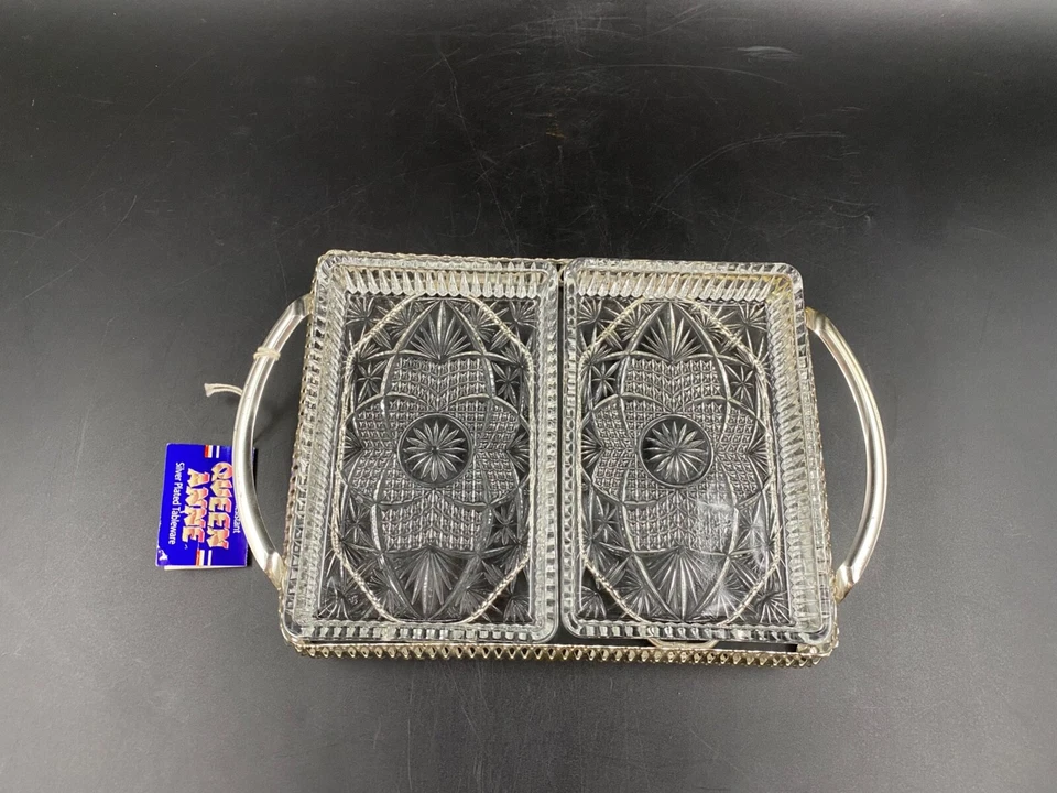 Antipastiera Salsiera cristallo molato metallo argentato 2 scomparti QUEEN ANNA - Immagine 3 di 4