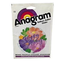 VINTAGE ANAGRAM MYLAR REFILLABLE BALLOON HAPPY BIRTHDAY W/ FLOWERS NEW SEALED